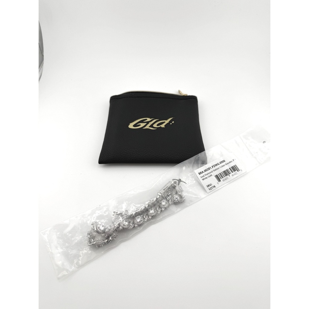 GLD Shop Iced Diamond Station Cuban Bracelet 9 Inch White Gold Plated‎